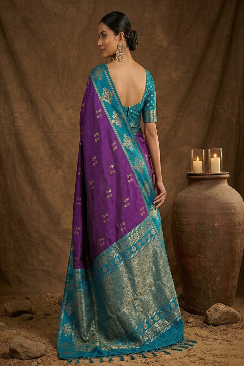 Purple Silk Saree with Teal Green Zari Border & Rich Pallu