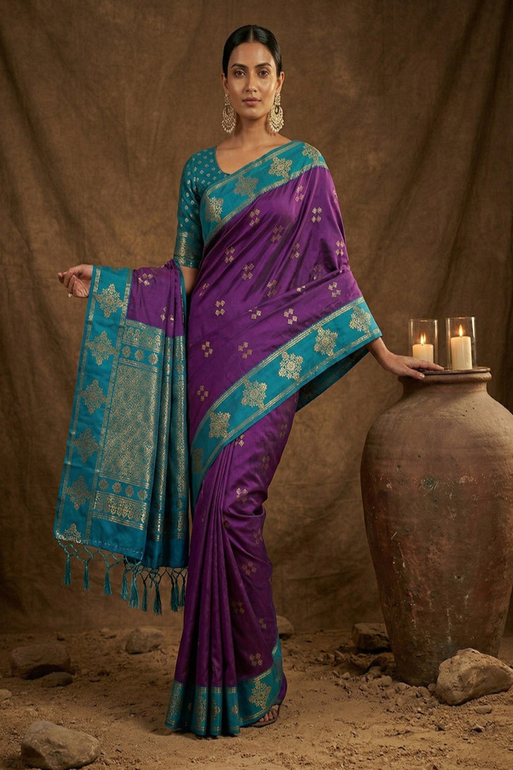 Purple Silk Saree with Teal Green Zari Border & Rich Pallu