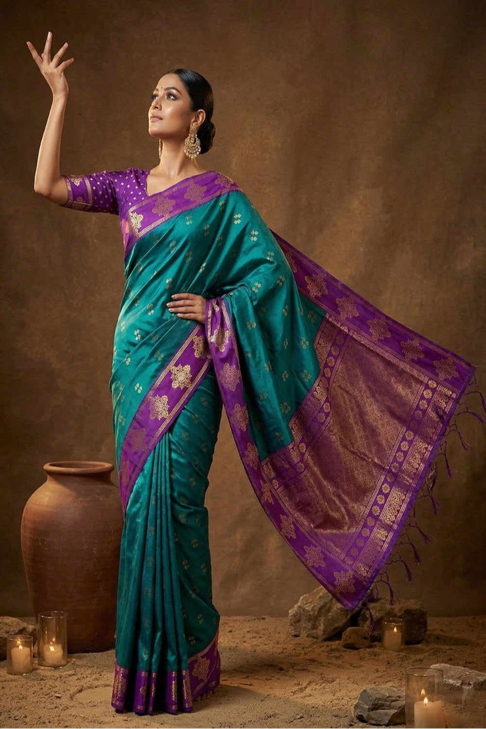 Purple Silk Saree with Teal Green Zari Border & Rich Pallu