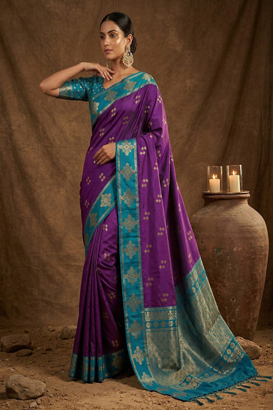 Purple Silk Saree with Teal Green Zari Border & Rich Pallu