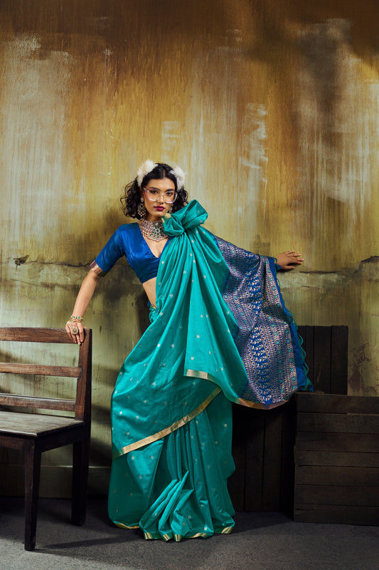 Rama Blue Soft Silk Saree for Women with Elegant Zari Border