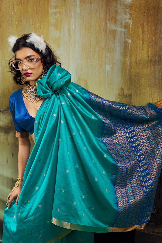 Rama Blue Soft Silk Saree for Women with Elegant Zari Border