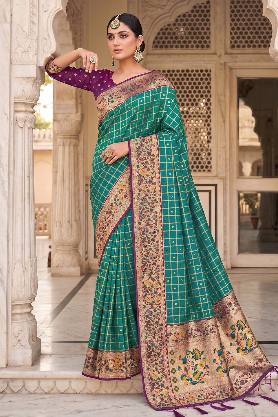 Rama Green Banarasi Silk Saree with Meenakari Paithani Pallu and Deep Purple Blouse