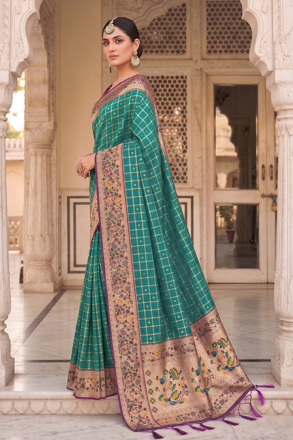 Rama Green Banarasi Silk Saree with Meenakari Paithani Pallu and Deep Purple Blouse