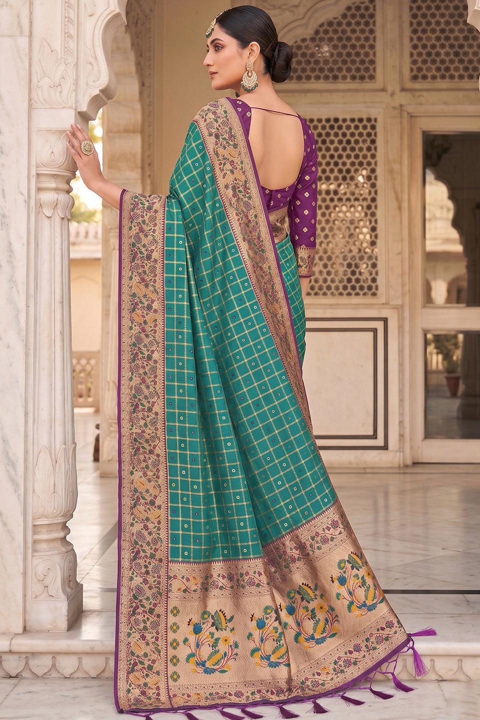 Rama Green Banarasi Silk Saree with Meenakari Paithani Pallu and Deep Purple Blouse