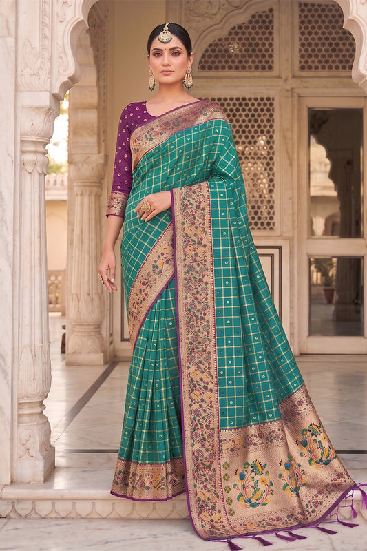 Rama Green Banarasi Silk Saree with Meenakari Paithani Pallu and Deep Purple Blouse