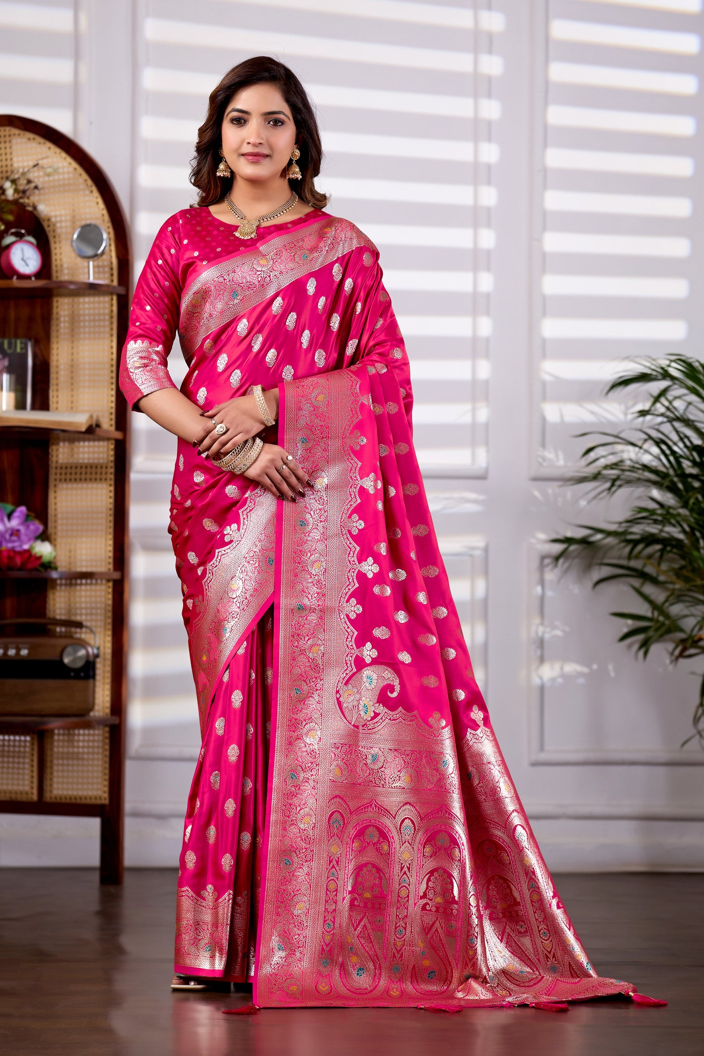 Rani Pink Banarasi Kanjivaram Silk Saree with Rich Zari Work