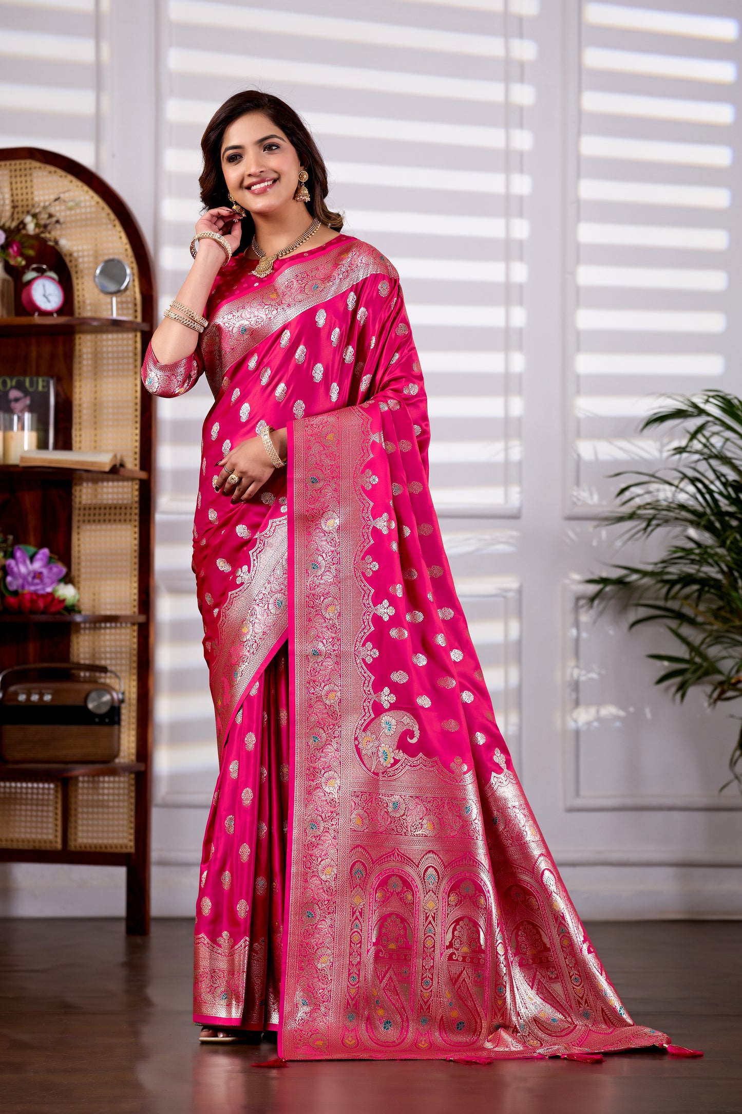 Rani Pink Banarasi Kanjivaram Silk Saree with Rich Zari Work
