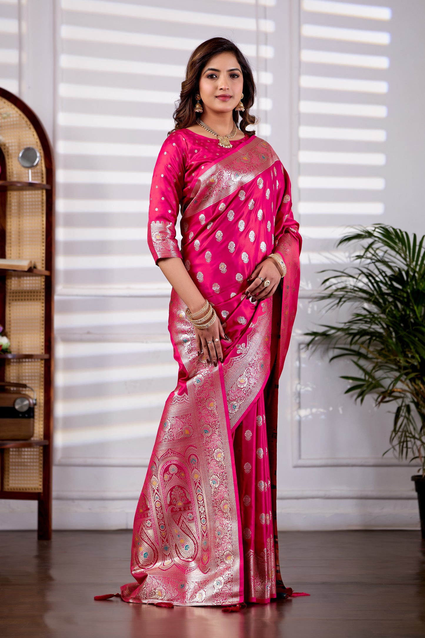 Rani Pink Banarasi Kanjivaram Silk Saree with Rich Zari Work