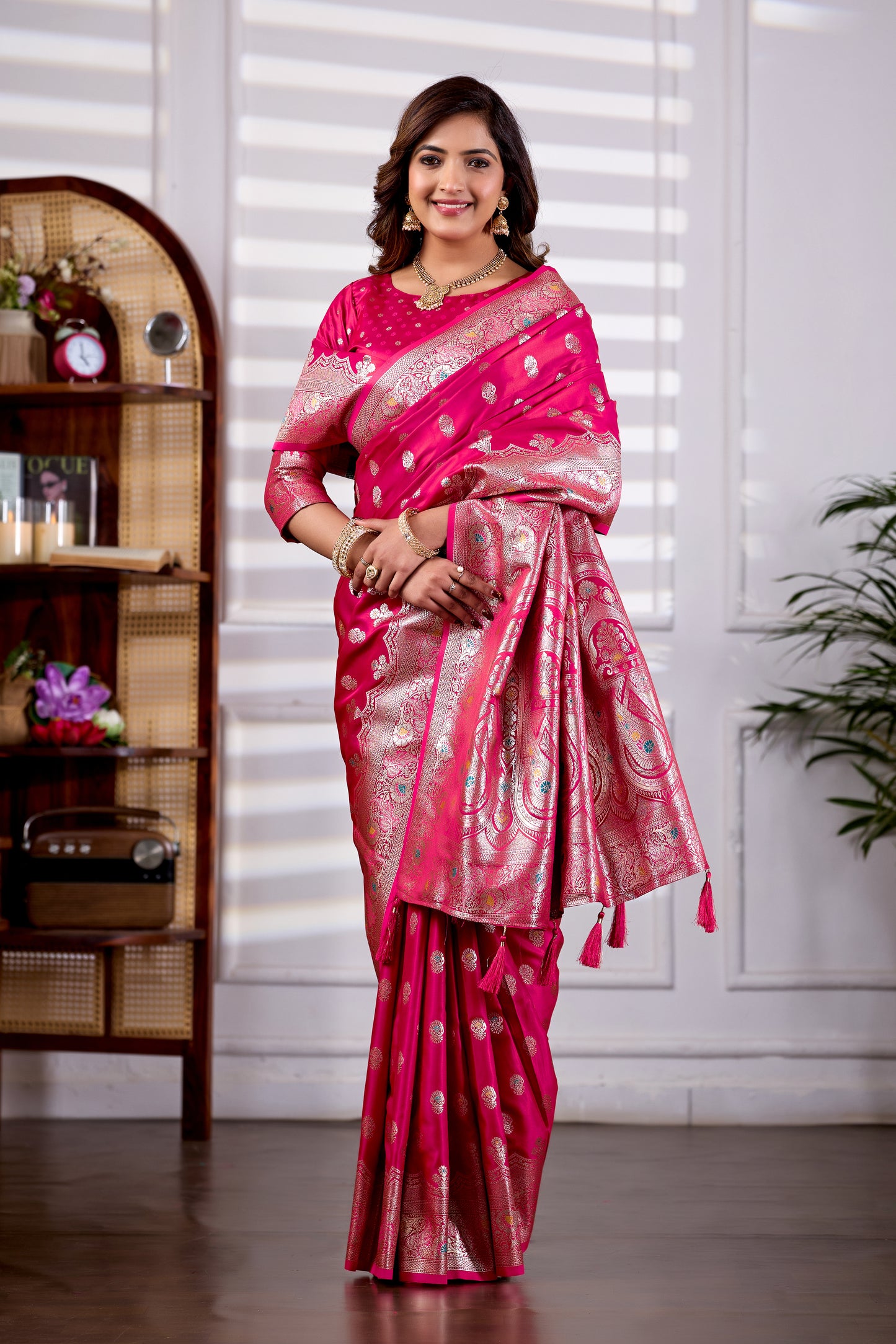 Rani Pink Banarasi Kanjivaram Silk Saree with Rich Zari Work
