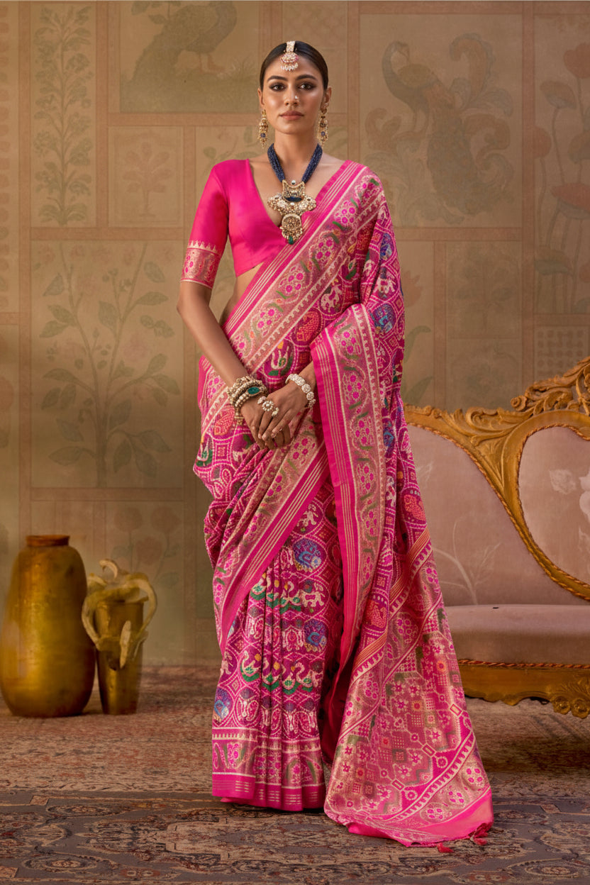 Rani Pink Banarasi Silk Patola Saree with Rich Weave & Heritage Motifs