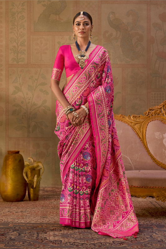 Rani Pink Banarasi Silk Patola Saree with Rich Weave & Heritage Motifs