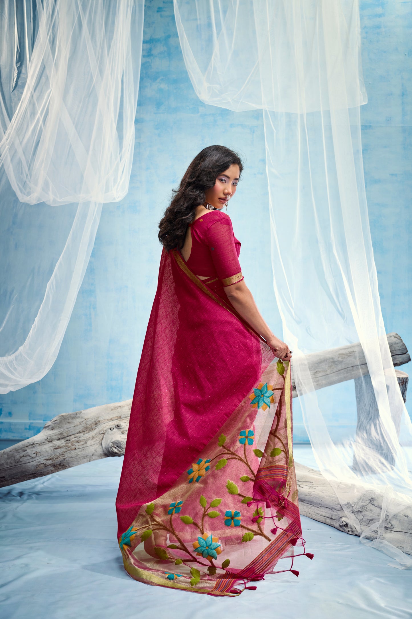 Rani Pink Linen Organza Saree with Floral Organza Pallu & Zari Border