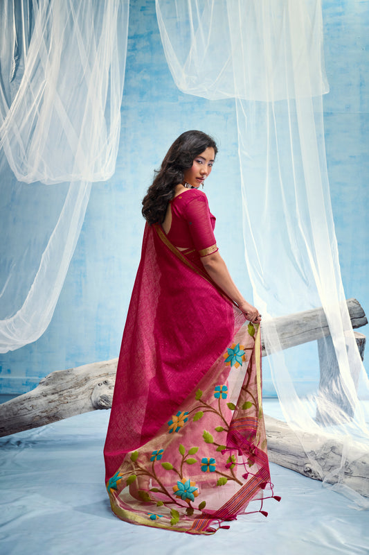 Rani Pink Linen Organza Saree with Floral Organza Pallu & Zari Border