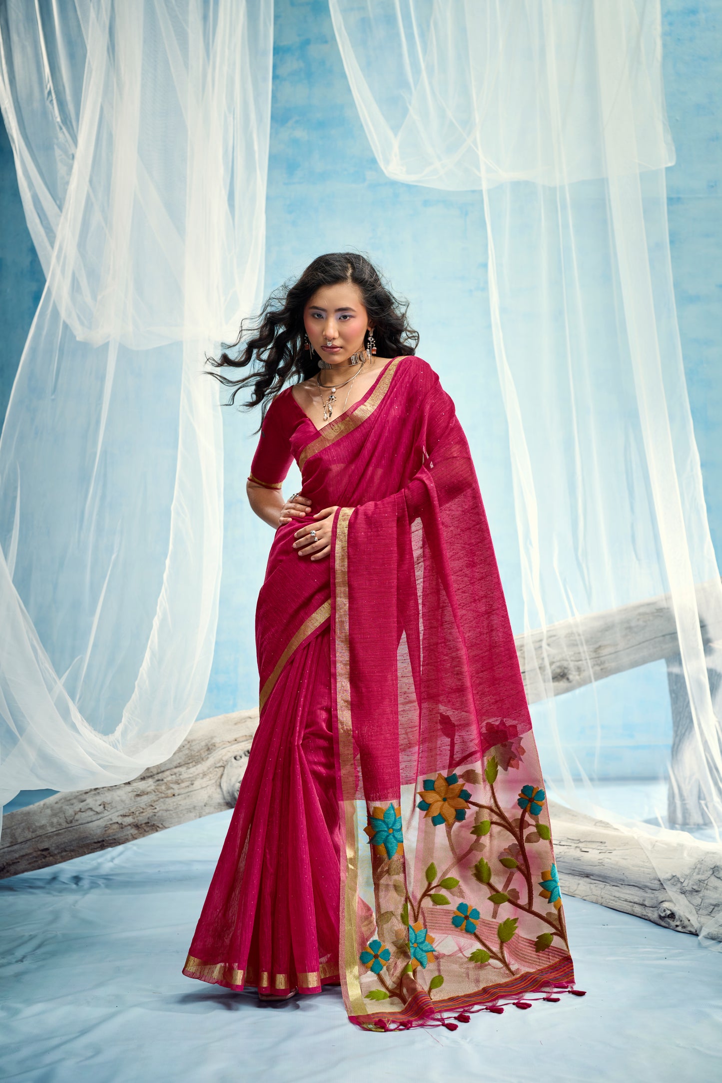 Rani Pink Linen Organza Saree with Floral Organza Pallu & Zari Border