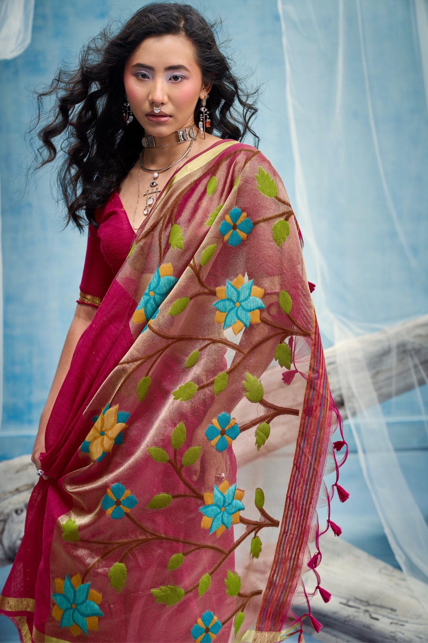 Rani Pink Linen Organza Saree with Floral Organza Pallu & Zari Border