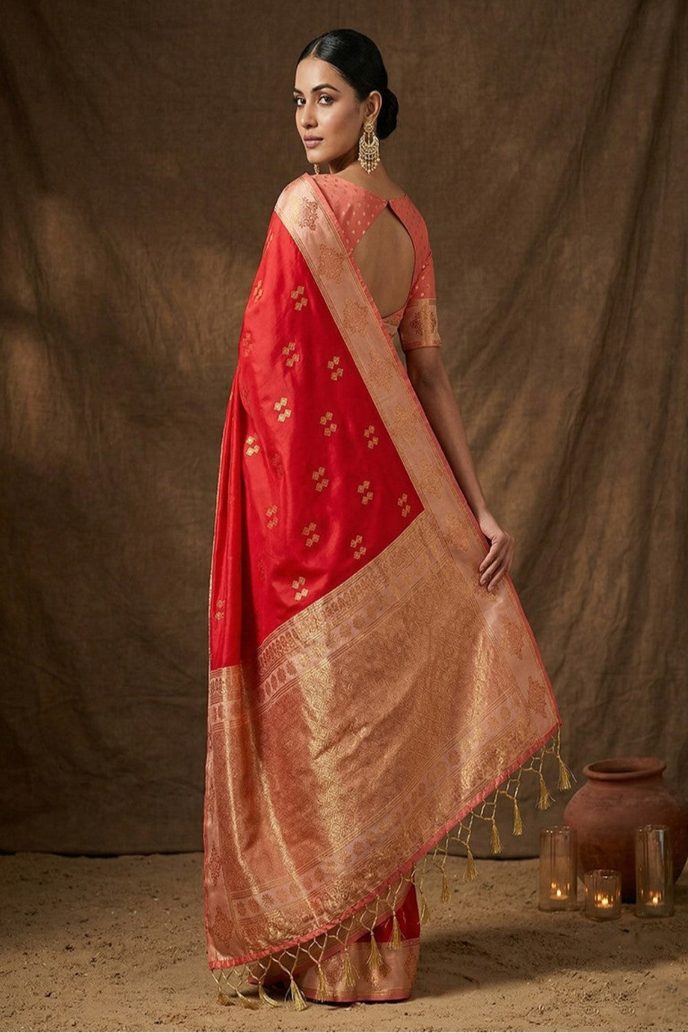 Red Silk Saree with Gold Zari Border & Rich Pallu