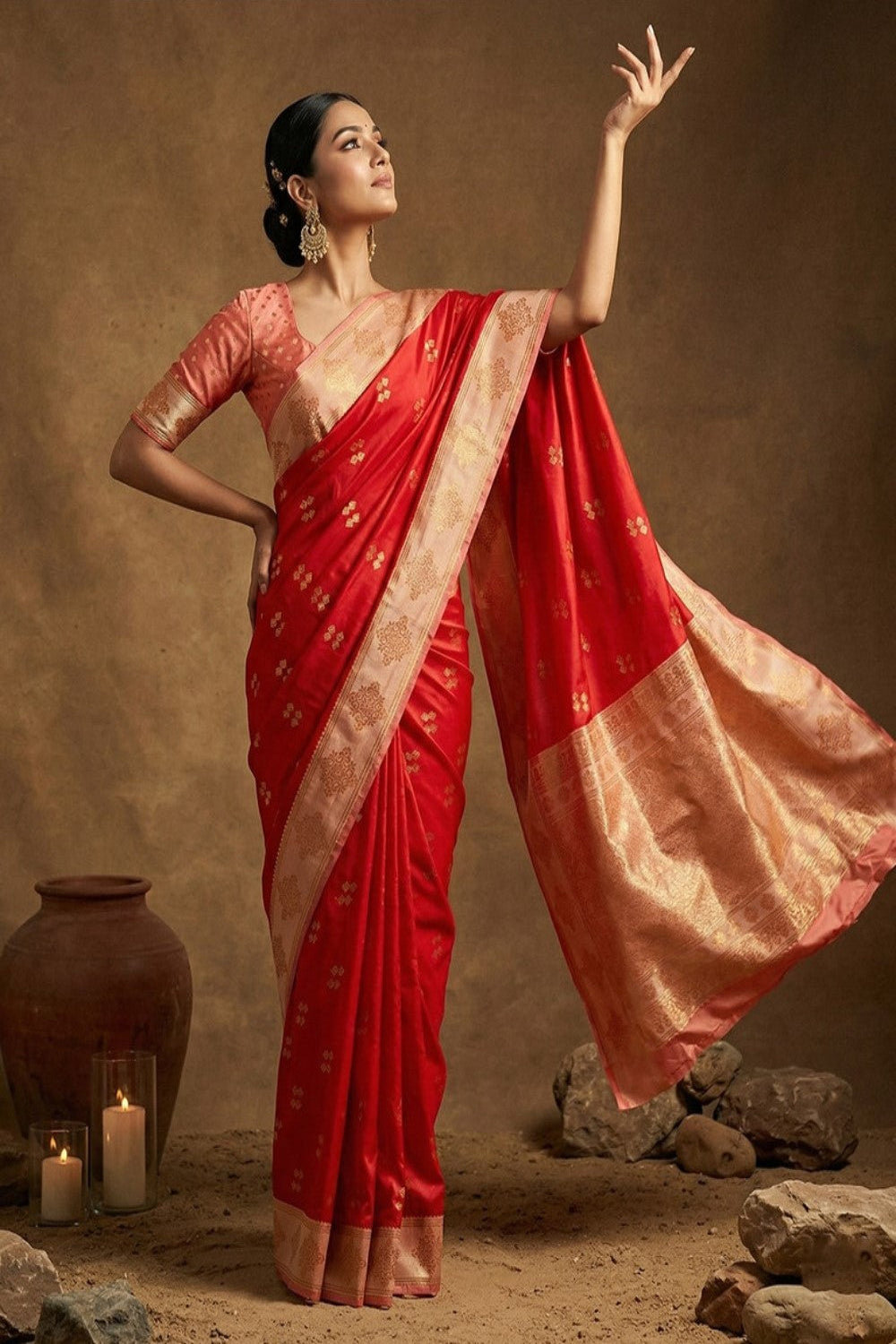 Red Silk Saree with Gold Zari Border & Rich Pallu