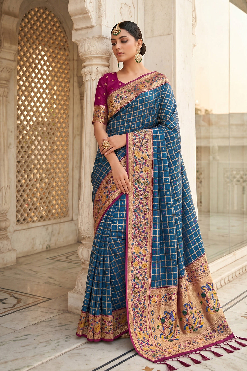 Royal Blue Banarasi Silk Saree with Meenakari Paithani Pallu and Magenta Blouse