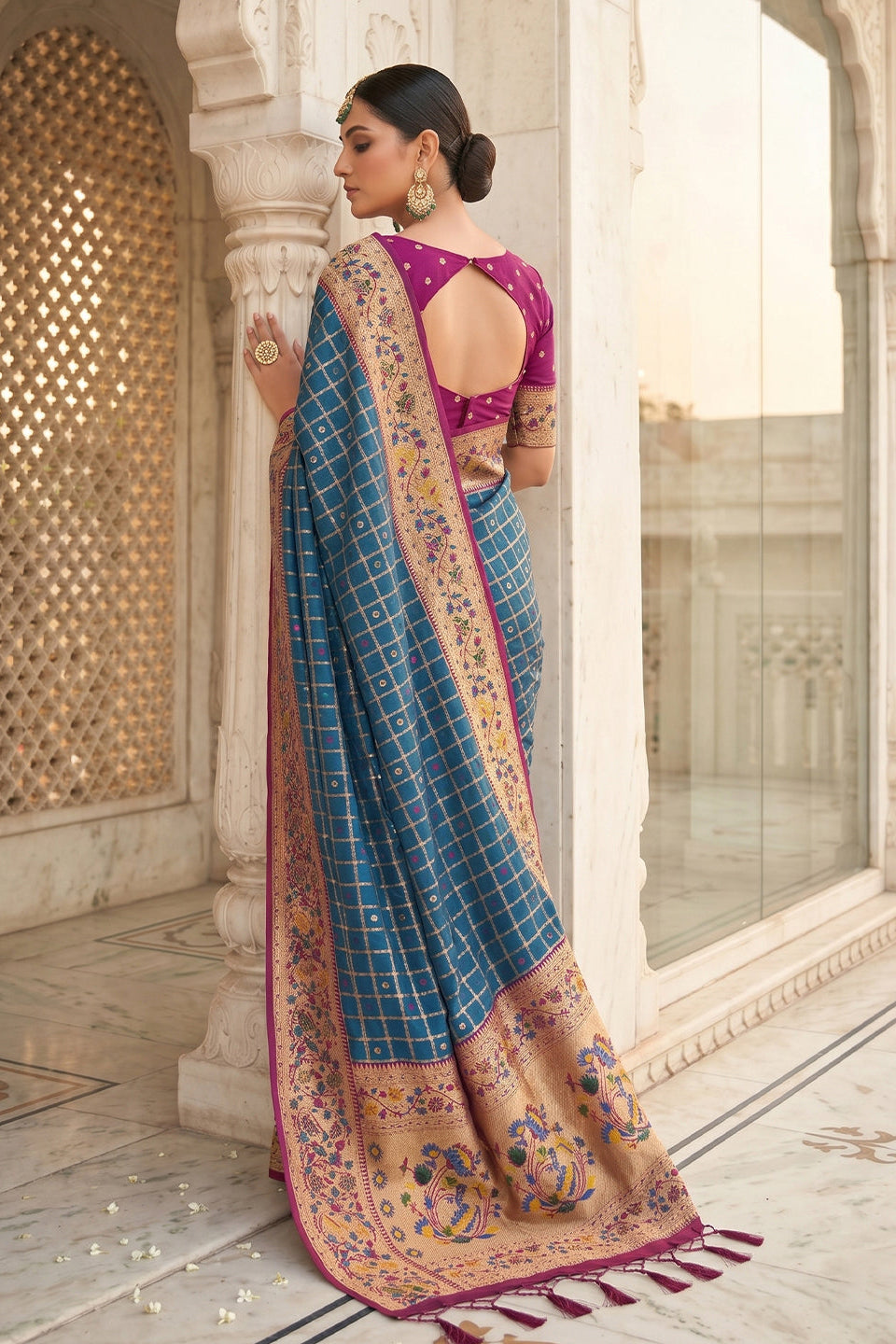 Royal Blue Banarasi Silk Saree with Meenakari Paithani Pallu and Magenta Blouse