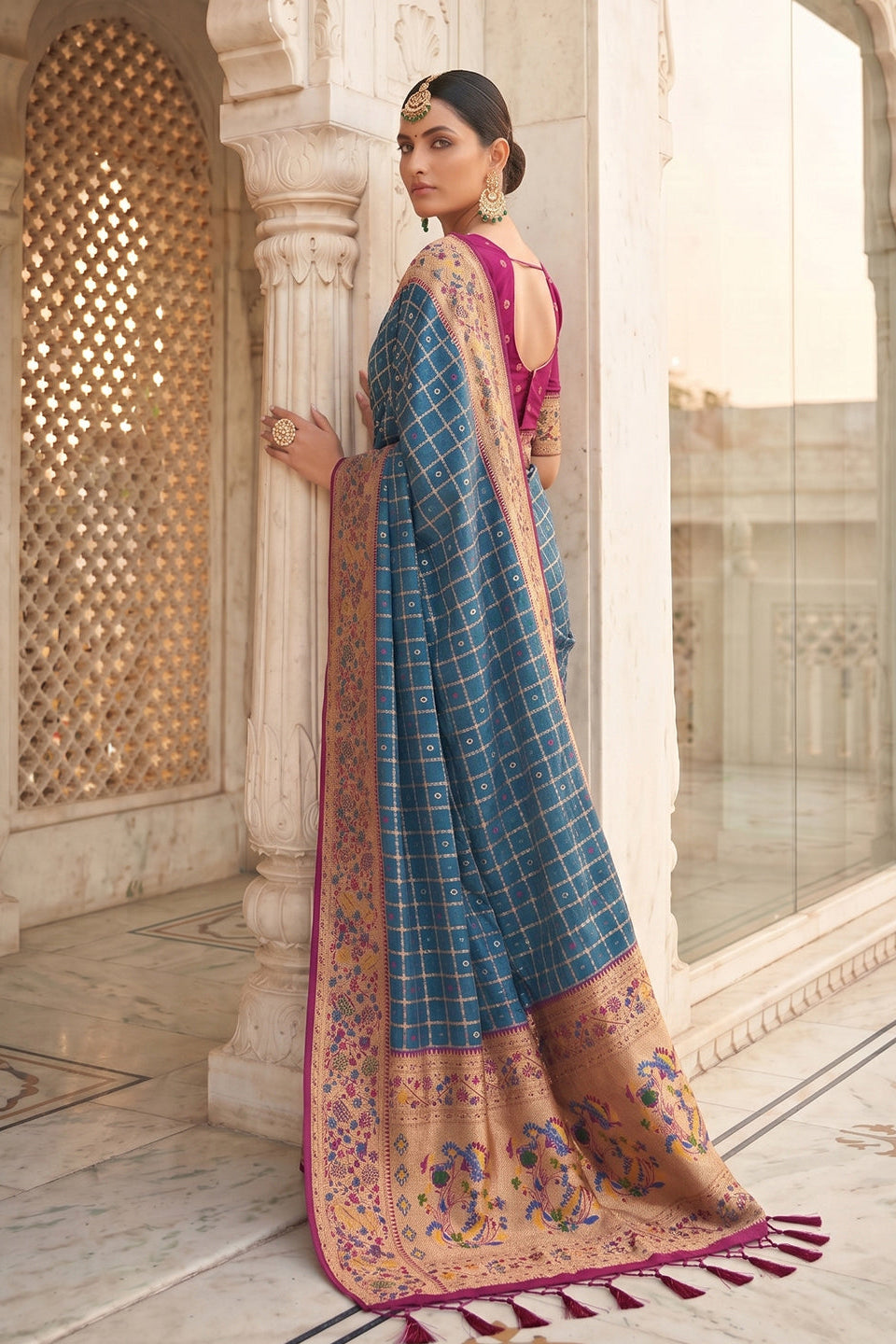 Royal Blue Banarasi Silk Saree with Meenakari Paithani Pallu and Magenta Blouse