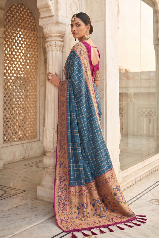 Royal Blue Banarasi Silk Saree with Meenakari Paithani Pallu and Magenta Blouse