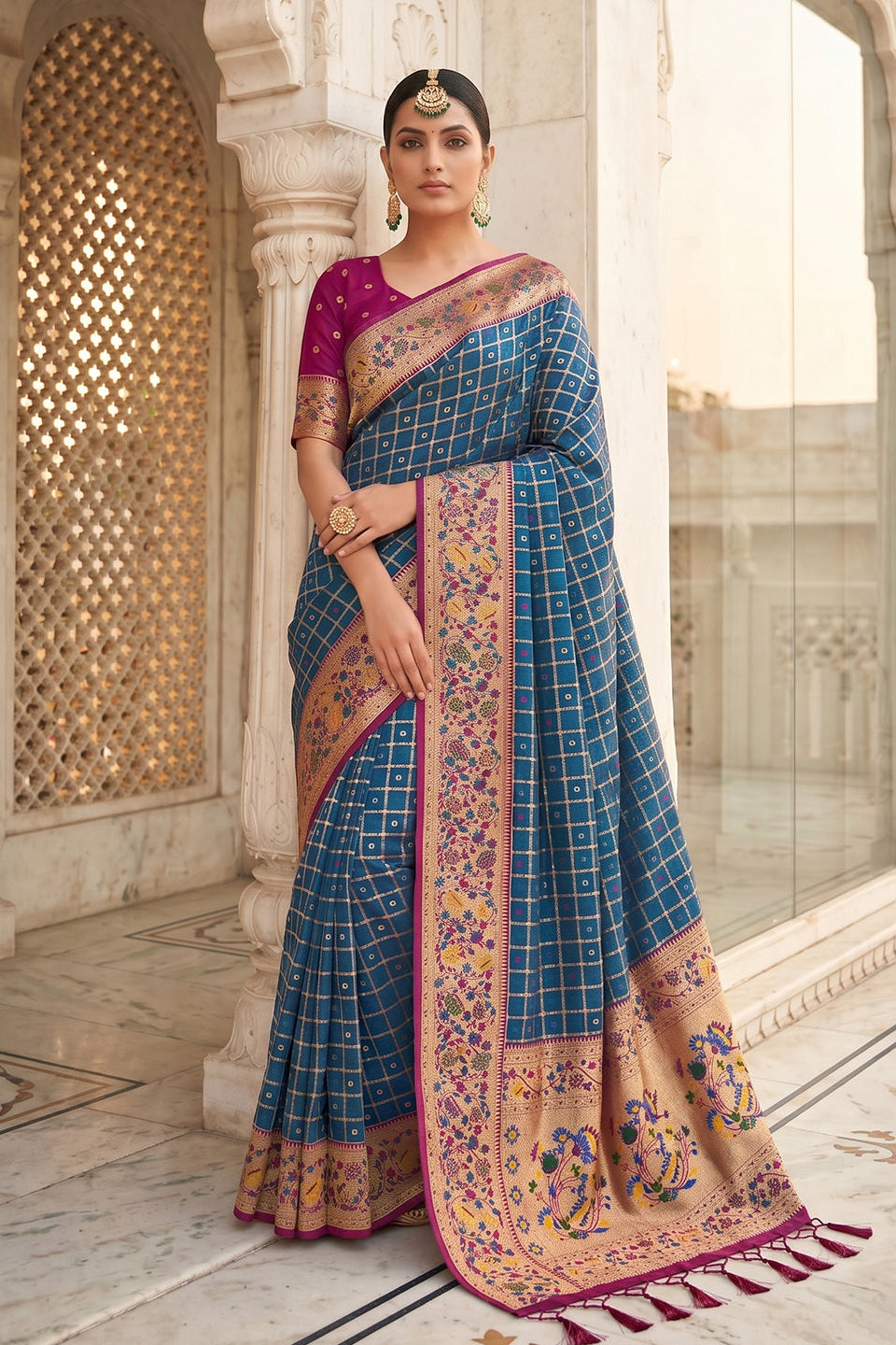 Royal Blue Banarasi Silk Saree with Meenakari Paithani Pallu and Magenta Blouse