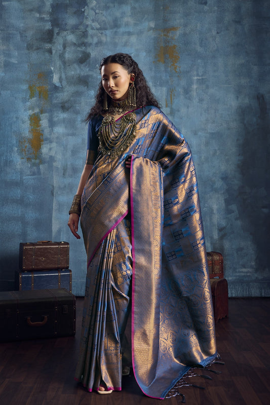 Royal Blue Kanjivaram Silk Saree with Heavy Zari Weaving