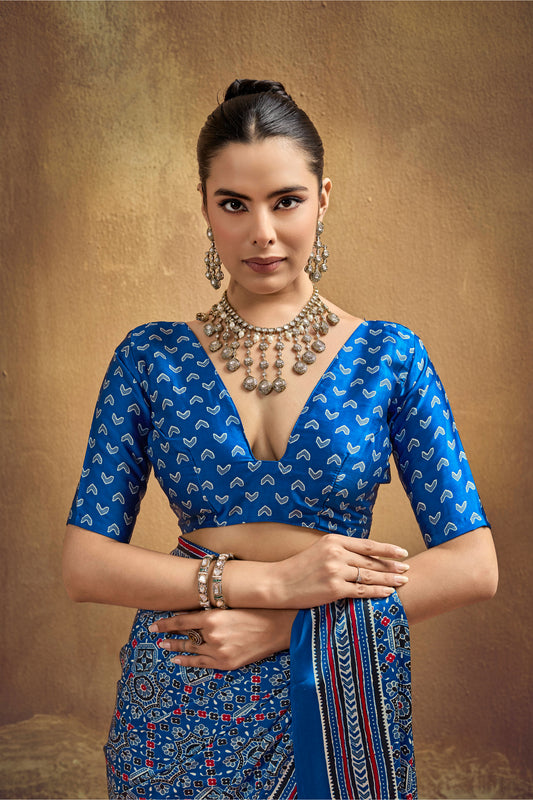 Royal Blue Printed Silk Saree with Ajrakh-Inspired Traditional Motifs