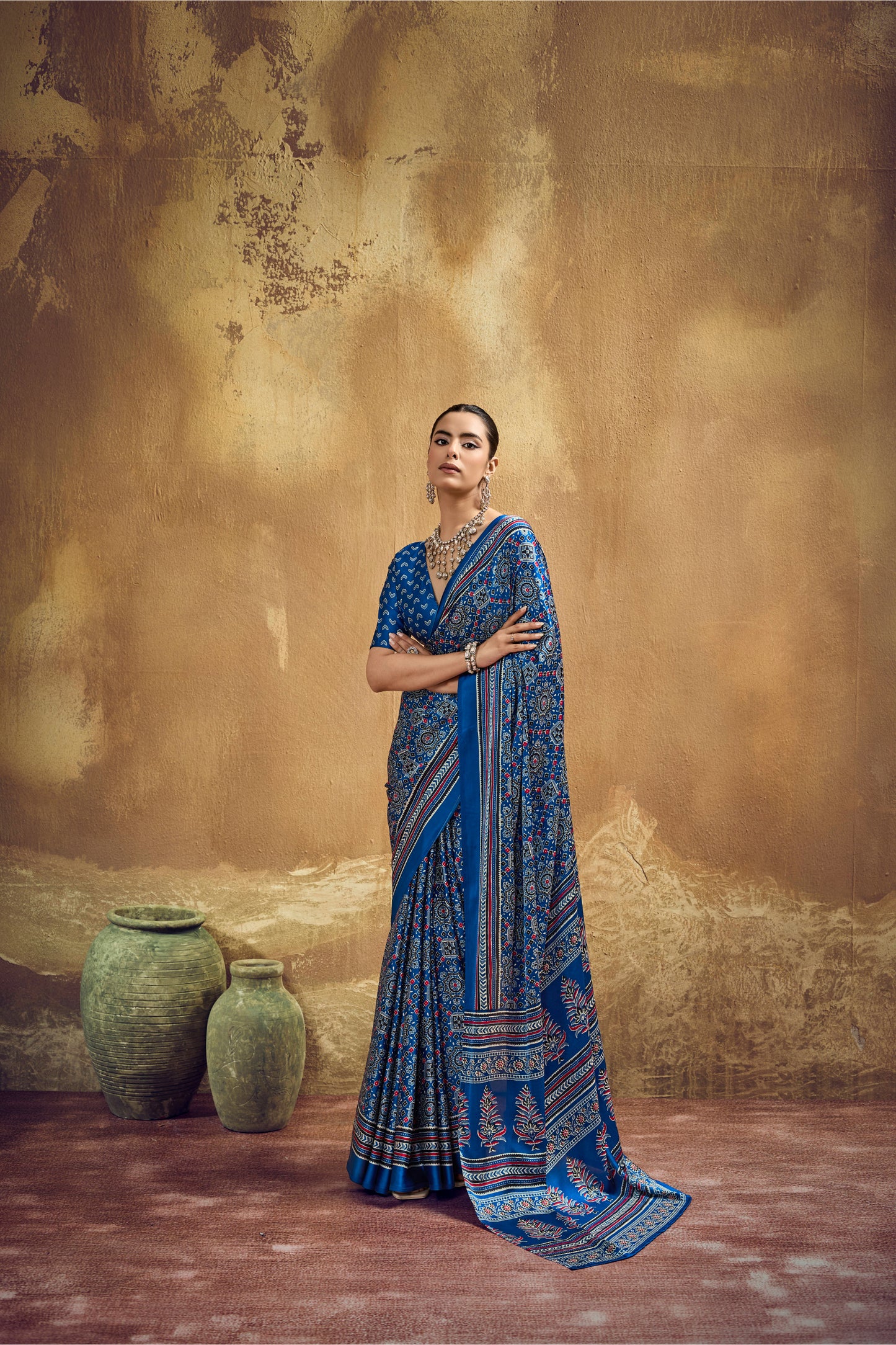 Royal Blue Printed Silk Saree with Ajrakh-Inspired Traditional Motifs