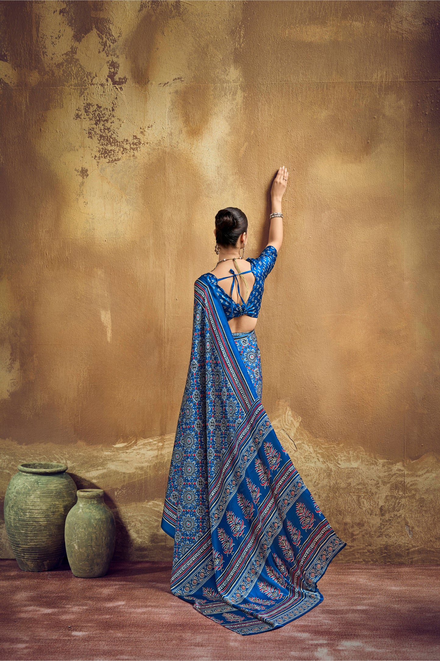 Royal Blue Printed Silk Saree with Ajrakh-Inspired Traditional Motifs