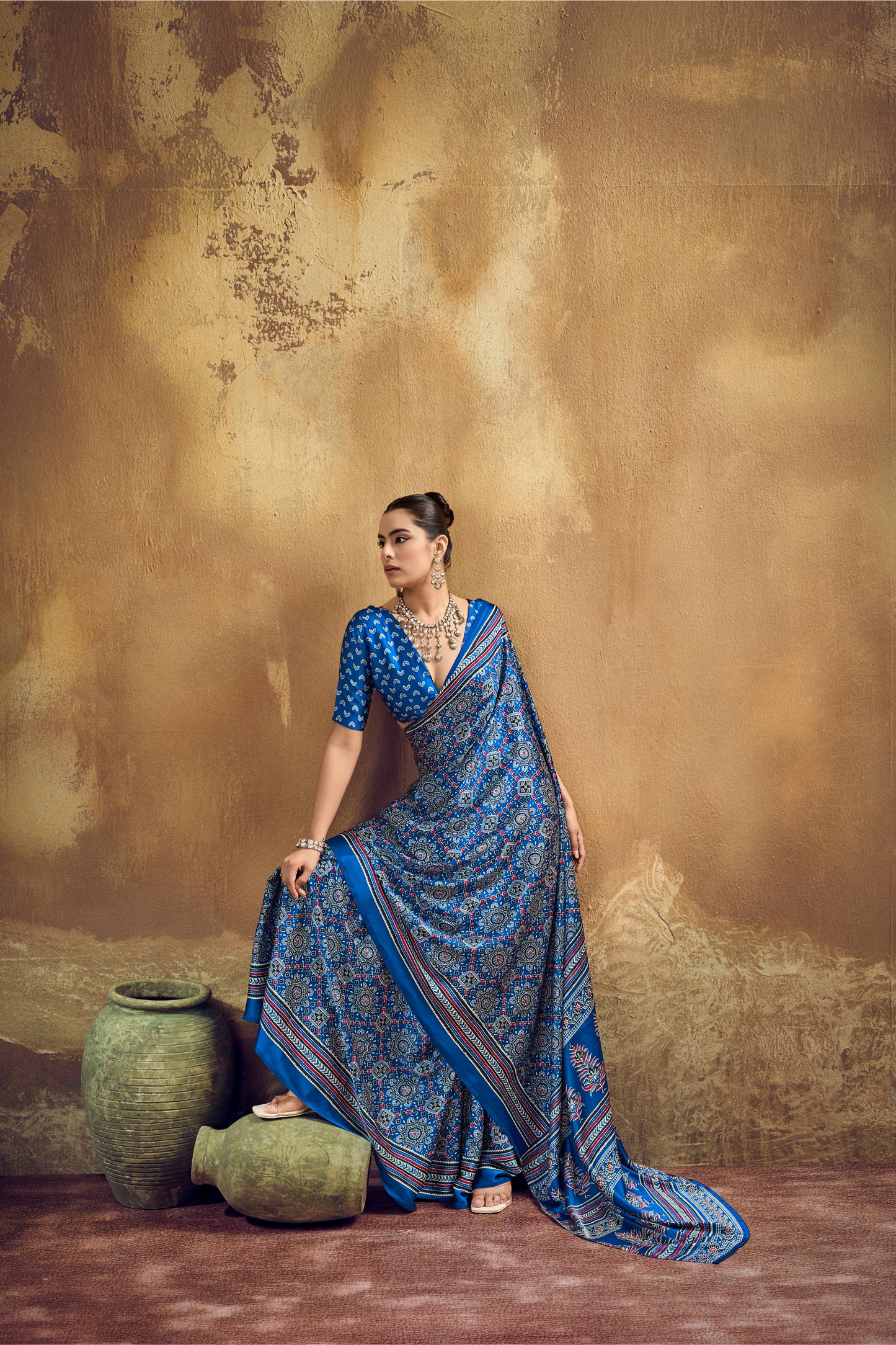 Royal Blue Printed Silk Saree with Ajrakh-Inspired Traditional Motifs
