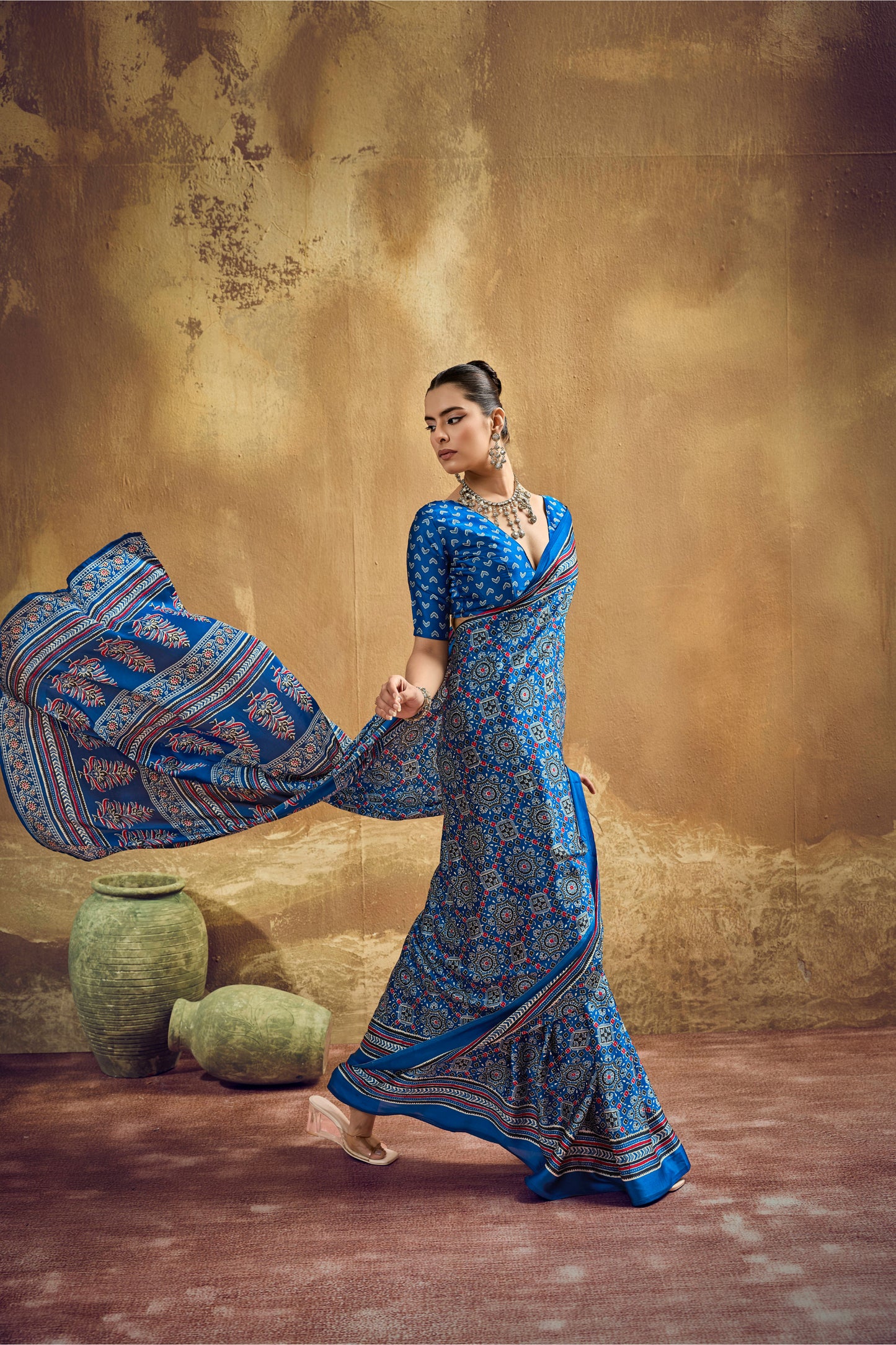 Royal Blue Printed Silk Saree with Ajrakh-Inspired Traditional Motifs