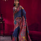 Royal Navy Blue Silk Saree with Multicolor Kashmiri Floral Border