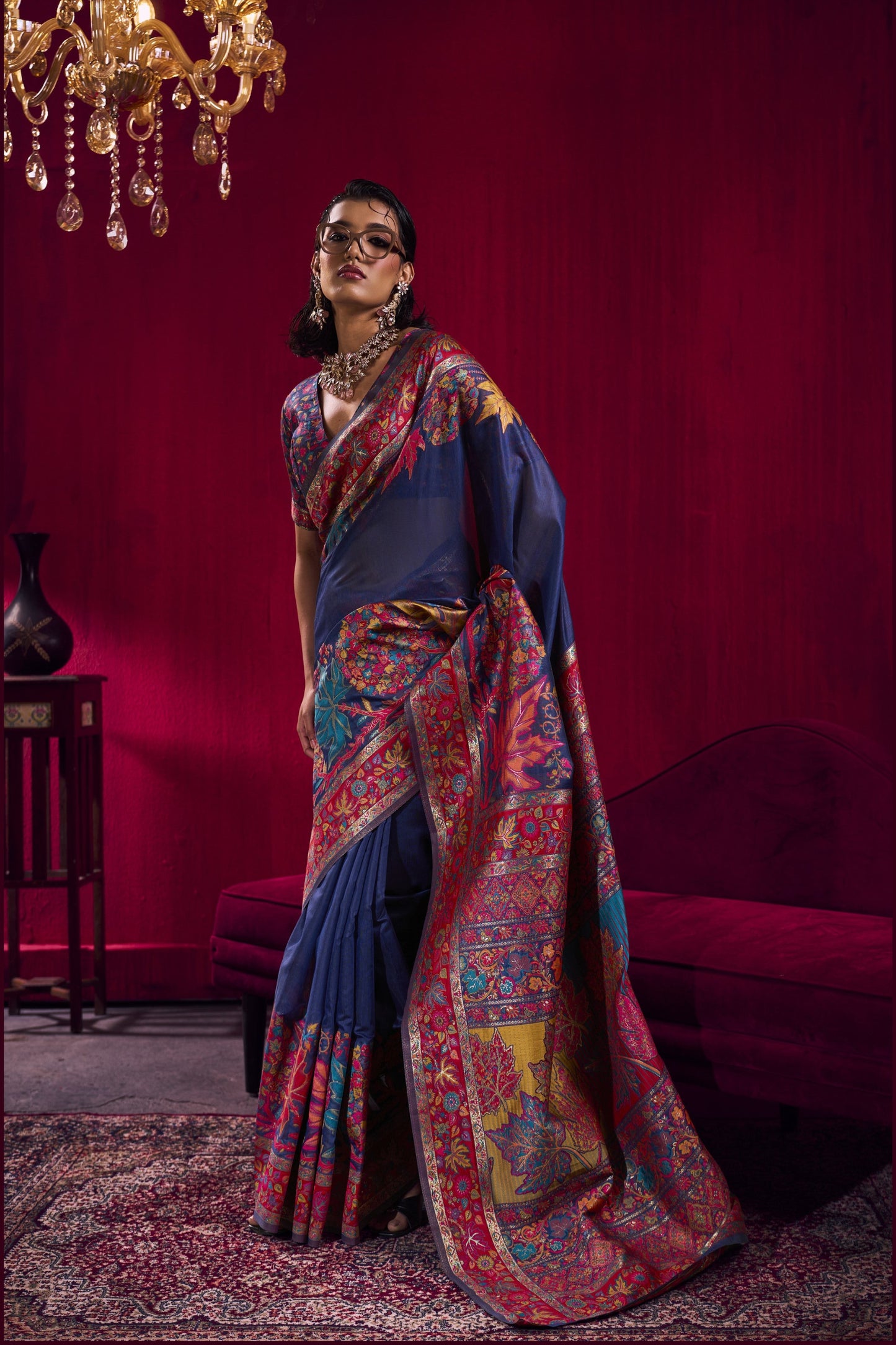 Royal Navy Blue Silk Saree with Multicolor Kashmiri Floral Border