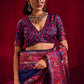 Royal Navy Blue Silk Saree with Multicolor Kashmiri Floral Border