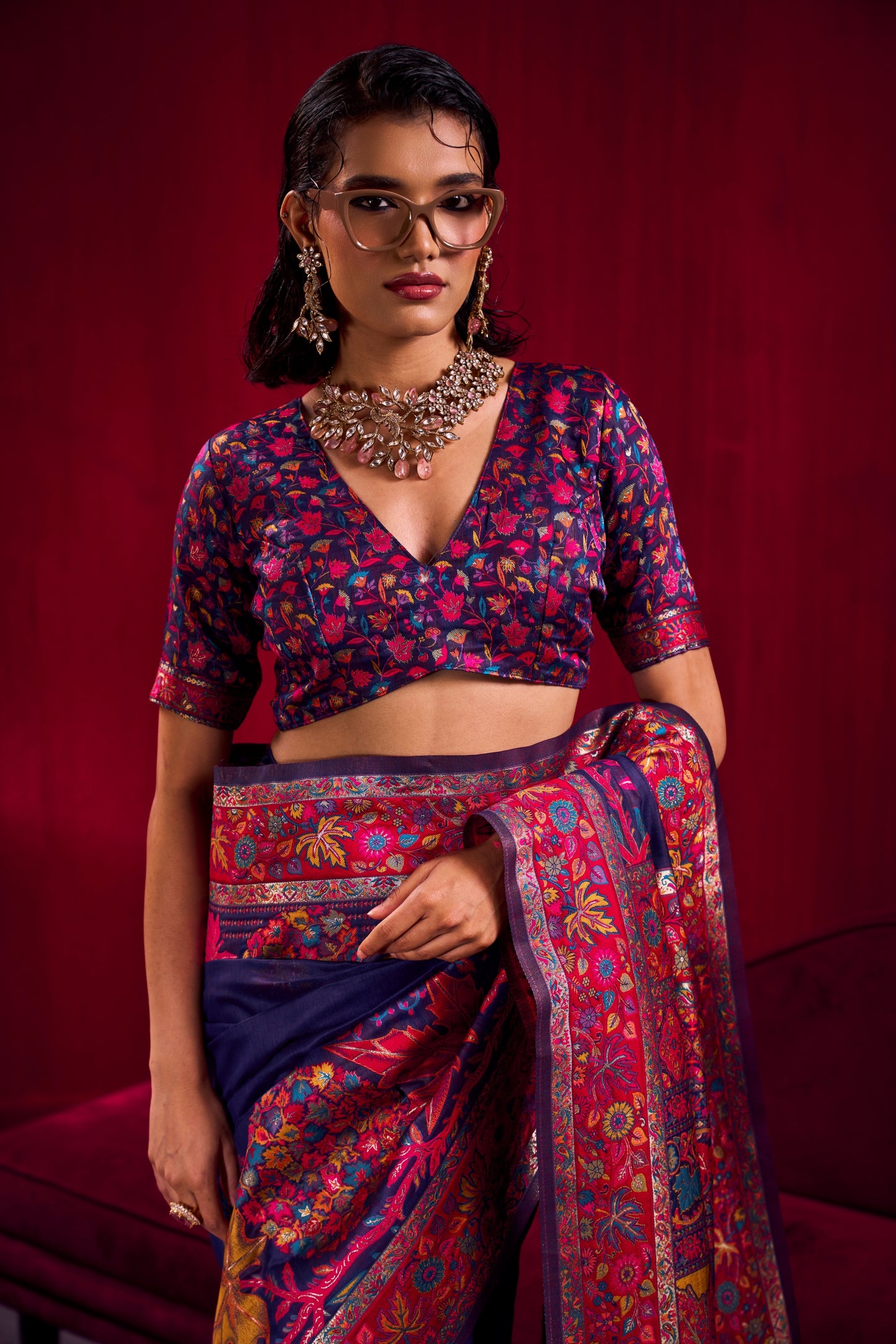 Royal Navy Blue Silk Saree with Multicolor Kashmiri Floral Border