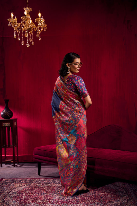 Royal Navy Blue Silk Saree with Multicolor Kashmiri Floral Border