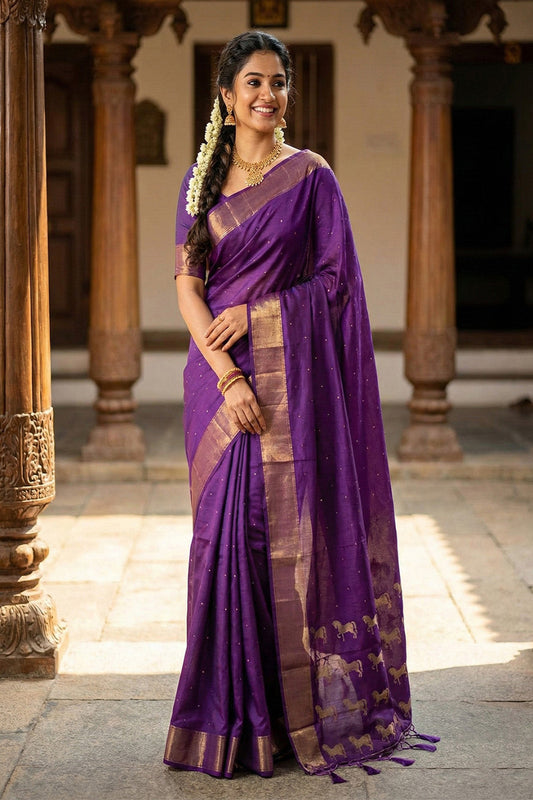 Royal Purple Soft Silk Saree with Golden Zari Border