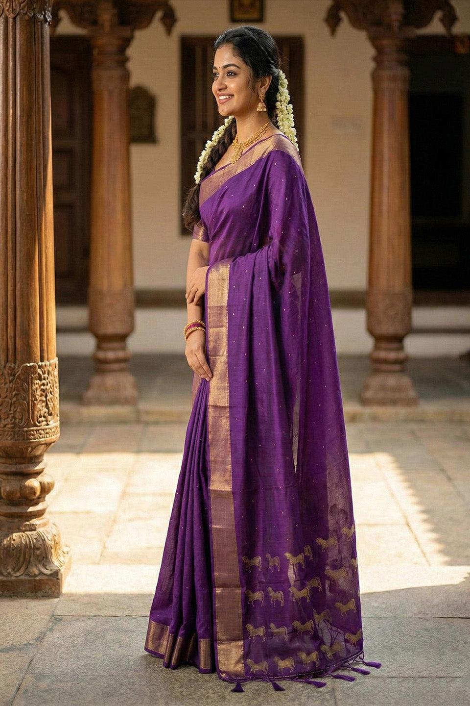 Royal Purple Soft Silk Saree with Golden Zari Border