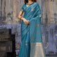 Royal Teal Blue Katan Silk Saree with Antique Zari Border and Tiger Buttas