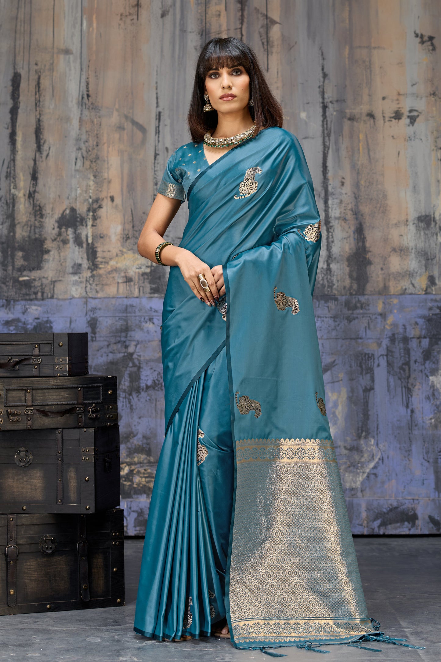 Royal Teal Blue Katan Silk Saree with Antique Zari Border and Tiger Buttas