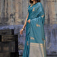 Royal Teal Blue Katan Silk Saree with Antique Zari Border and Tiger Buttas
