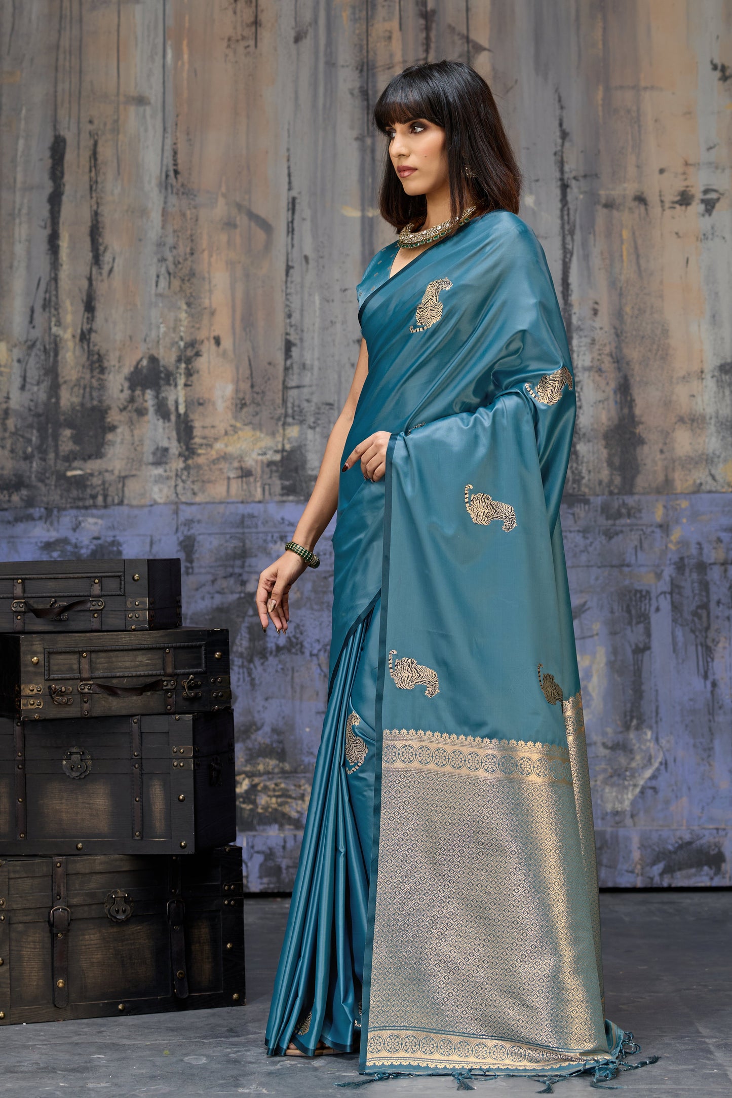 Royal Teal Blue Katan Silk Saree with Antique Zari Border and Tiger Buttas