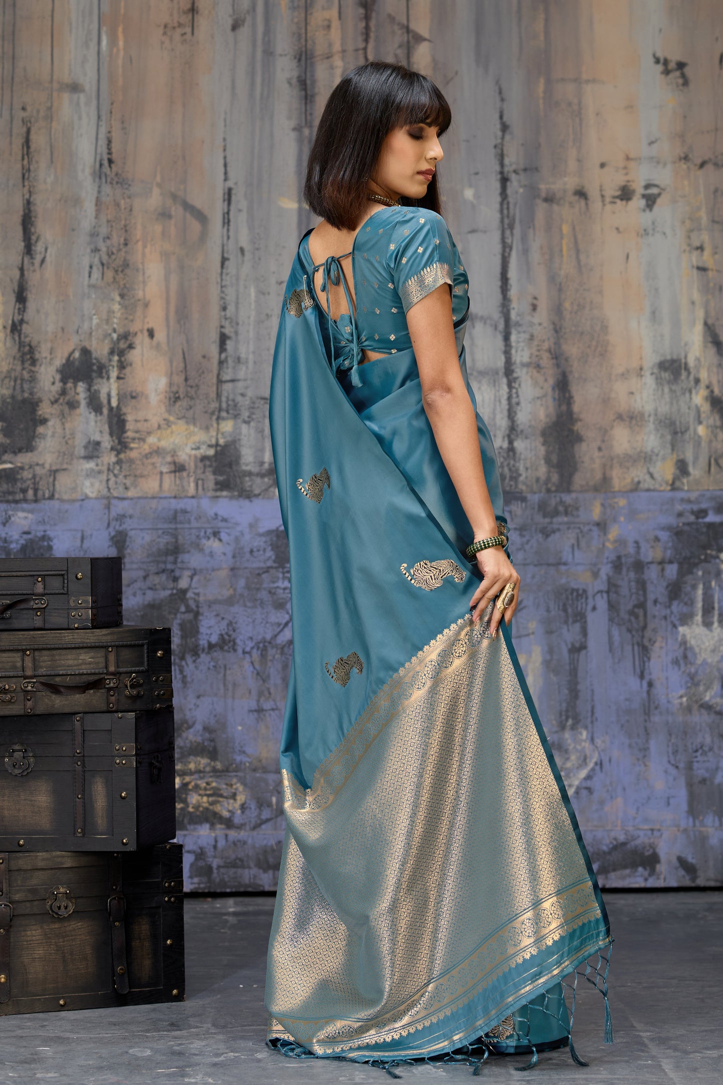 Royal Teal Blue Katan Silk Saree with Antique Zari Border and Tiger Buttas
