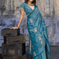 Royal Teal Blue Katan Silk Saree with Antique Zari Border and Tiger Buttas