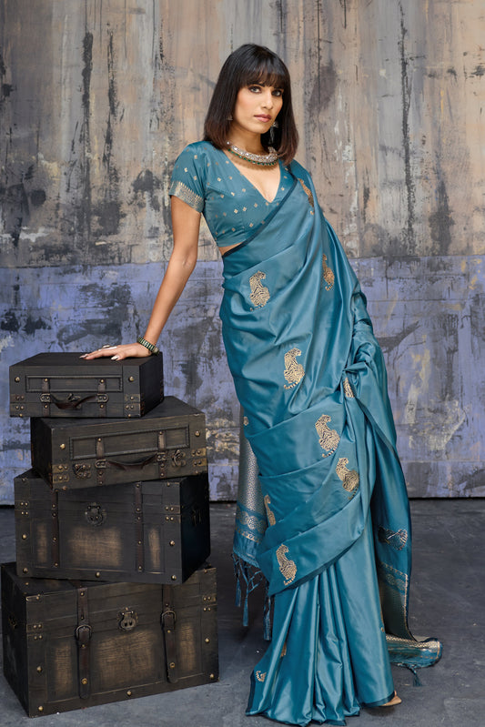 Royal Teal Blue Katan Silk Saree with Antique Zari Border and Tiger Buttas
