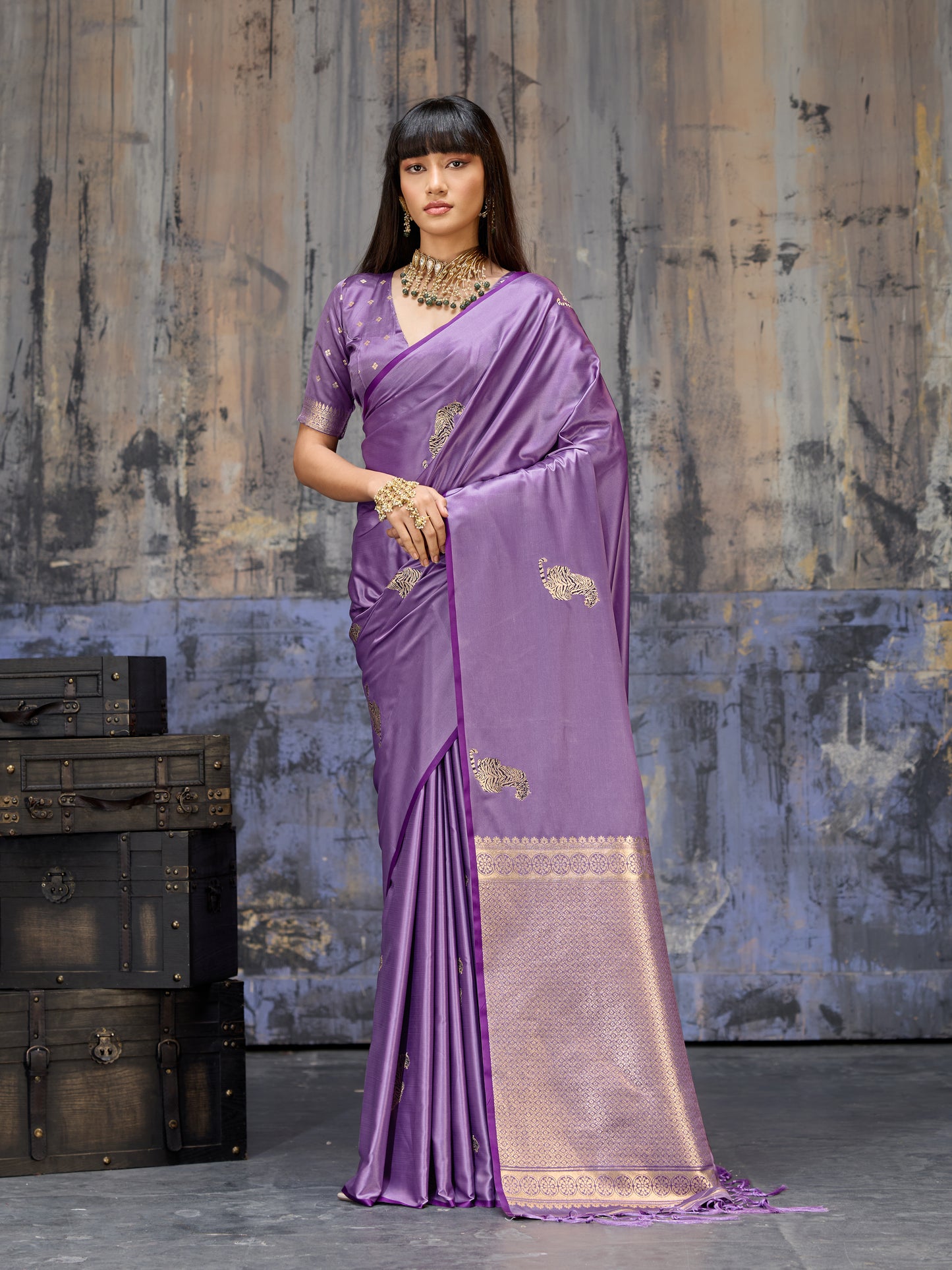 Royal Violet Katan Silk Saree with Antique Zari Border and Tiger Buttas