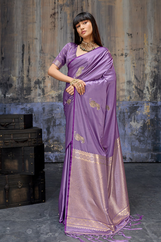 Royal Violet Katan Silk Saree with Antique Zari Border and Tiger Buttas