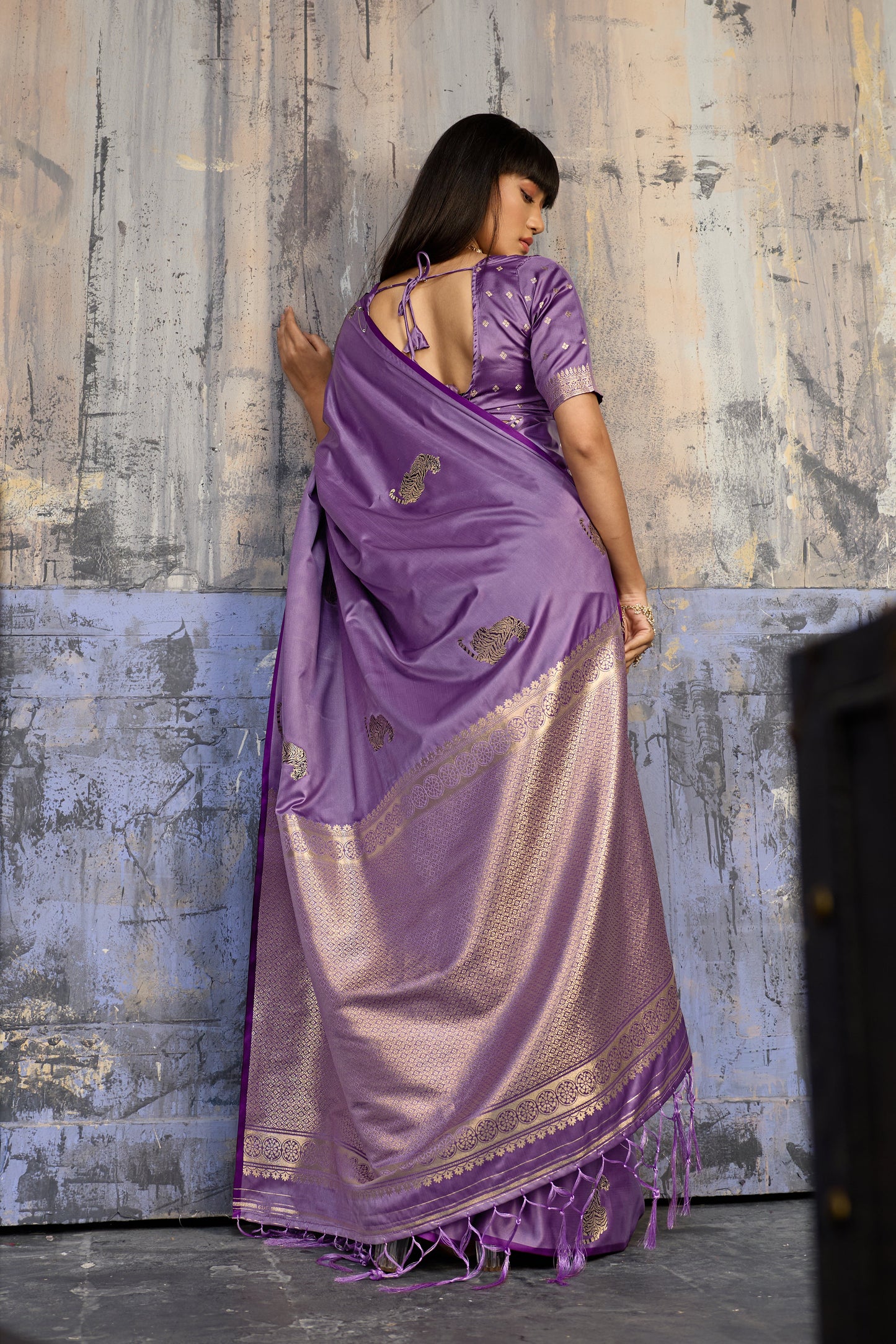 Royal Violet Katan Silk Saree with Antique Zari Border and Tiger Buttas